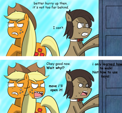 Size: 1300x1208 | Tagged: safe, artist:noah garcia, applejack, doctor whooves, earth pony, pony, comic, comic sans, doctor who, eleventh doctor, tardis, tumblr