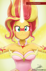 Size: 1158x1791 | Tagged: safe, artist:the-butch-x, sunset shimmer, equestria girls, friendship games, badass, big breasts, breasts, cleavage, cutie mark, cutie mark on equestria girl, daydream shimmer, female, looking at you, signature, solo, sunset jiggler