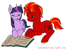 Size: 670x500 | Tagged: safe, artist:pettankoprincess, derpibooru import, twilight sparkle, oc, oc:pyro, askthesixelementals, book, fire, reading, simple background