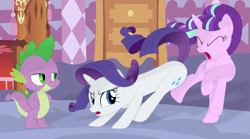 Size: 3507x1949 | Tagged: safe, artist:porygon2z, rarity, spike, starlight glimmer, dragon, pony, unicorn, abuse, butt bump, butt smash, eyes closed, glimmerbuse, lidded eyes, male, out of character, shipping, shipping denied, smiling, sparity, straight, vector