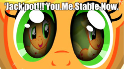 Size: 1280x719 | Tagged: safe, edit, edited screencap, screencap, applejack, earth pony, pony, magical mystery cure, caption, eyes, image macro, implied sex, out of context, reflection, selfcest, you. me. x. now.