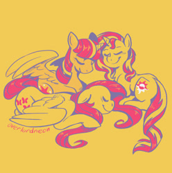 Size: 1250x1262 | Tagged: safe, artist:overlordneon, fluttershy, sunset shimmer, twilight sparkle, twilight sparkle (alicorn), alicorn, pegasus, pony, unicorn, eyes closed, female, lesbian, limited palette, ot3, polyamory, prone, shipping, signature, simple background, smiling, sunsetsparkle, sunshyne, twishy, twishyset