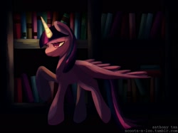 Size: 2147x1607 | Tagged: safe, artist:mastercheefs, derpibooru import, twilight sparkle, twilight sparkle (alicorn), alicorn, pony, book, dark, female, library, mare