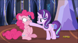 Size: 600x337 | Tagged: safe, screencap, pinkie pie, starlight glimmer, pony, unicorn, every little thing she does, animated, aweeg*, duo, gif, hoof in mouth, oraoraoraoraoraoraoraoraora, puffy cheeks, twilight's castle