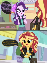 Size: 2048x2732 | Tagged: safe, artist:justsomepainter11, starlight glimmer, sunset shimmer, comic:starlight gets uncovered, equestria girls, mirror magic, spoiler:eqg specials, clothes, comic, dialogue, logic, mirror, we don't normally wear clothes