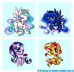 Size: 702x687 | Tagged: safe, artist:mana-kyusai, princess celestia, princess luna, starlight glimmer, sunset shimmer, alicorn, pony, chibi, keychain, simple background