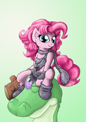 Size: 600x854 | Tagged: safe, artist:xnosidex, gummy, pinkie pie, earth pony, pony, ayla, chrono trigger, clothes, crossover