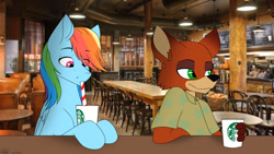 Size: 2120x1194 | Tagged: safe, artist:ggchristian, derpibooru import, rainbow dash, fox, pegasus, pony, coffee, crossover, female, mare, nick wilde, starbucks, zootopia