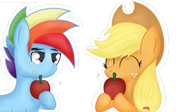 Size: 1100x700 | Tagged: safe, artist:manu-th-389, derpibooru import, applejack, rainbow blitz, rainbow dash, earth pony, pegasus, pony, apple, appleblitz (straight), appledash, bliss, eating, female, food, half r63 shipping, male, rule 63, shipping, simple background, straight