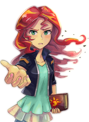 Size: 600x822 | Tagged: safe, artist:tzc, sunset shimmer, human, equestria girls, book, female, journey book, looking at you, nail polish, open mouth, reaching out, simple background, solo, white background