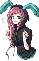 Size: 230x358 | Tagged: safe, artist:chiyoneun, fluttershy, bunny ears, clothes, dangerous mission outfit, female, hoodie, humanized, simple background, solo, transparent background