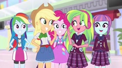 Size: 1280x720 | Tagged: safe, derpibooru import, screencap, applejack, lemon zest, pinkie pie, rainbow dash, sunny flare, dance magic, equestria girls, spoiler:eqg specials, adoraflare, cute, zestabetes