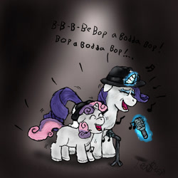 Size: 800x800 | Tagged: safe, artist:teagigs, rarity, sweetie belle, pony, unicorn, duo, eyes closed, glowing horn, hat, levitation, magic, microphone, scat singing, scatman john, singing, sisters, telekinesis