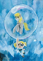 Size: 678x960 | Tagged: safe, artist:laura-g-art, derpy hooves, pegasus, pony, bubble, bubbles (powerpuff girls), crossover, female, flying, inside, mare, painting, the powerpuff girls, traditional art