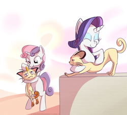 Size: 1100x1000 | Tagged: safe, artist:cheshiresdesires, rarity, sweetie belle, pony, unicorn, crossover, hilarious in hindsight, meowth, persian, pokémon