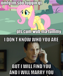 Size: 715x861 | Tagged: safe, fluttershy, pegasus, pony, bronybait, image macro, liam neeson, roflbot, vulgar