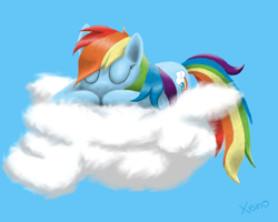 Size: 800x640 | Tagged: safe, artist:the1xeno1, derpibooru import, rainbow dash, pegasus, pony, cloud, cute, eyes closed, female, mare, on a cloud, sleeping, solo