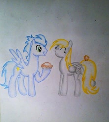 Size: 417x470 | Tagged: safe, artist:nonameddeer, derpy hooves, soarin', pegasus, pony, female, mare, muffin, pie, traditional art