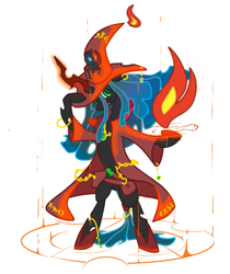 Size: 1811x2156 | Tagged: safe, artist:qazy, queen chrysalis, changeling, changeling queen, semi-anthro, /mlp/, 4chan, belt, bipedal, ear piercing, earring, female, fire, gold, hat, hoof shoes, jewelry, mage, magic, magic circle, necklace, open mouth, piercing, smol, wizard hat