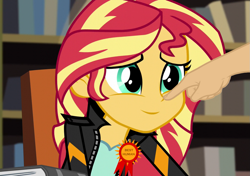 Size: 1023x719 | Tagged: safe, edit, edited screencap, screencap, sunset shimmer, equestria girls, friendship games, best human, boop, boop edit, cute, hand, inverted mouth, ribbon, shimmerbetes, smiling, when she smiles