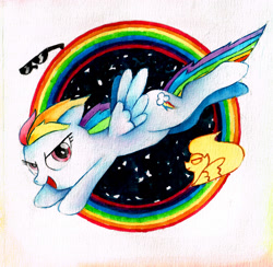 Size: 1600x1564 | Tagged: safe, artist:mashiromiku, derpibooru import, rainbow dash, pegasus, pony, female, flying, mare, solo, spread wings, traditional art, wings, wonderbolt badge