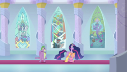 Size: 1920x1080 | Tagged: safe, screencap, cozy glow, lord tirek, luster dawn, princess flurry heart, princess twilight 2.0, queen chrysalis, spike, twilight sparkle, twilight sparkle (alicorn), alicorn, changeling, changeling queen, dragon, pony, unicorn, the last problem, end of ponies, gigachad spike, leak, older, older flurry heart, older spike, older twilight, stained glass, winged spike