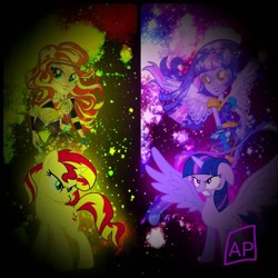 Size: 894x894 | Tagged: safe, artist:mlpariana, sunset shimmer, twilight sparkle, twilight sparkle (alicorn), alicorn, pony, unicorn, equestria girls, friendship games