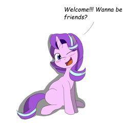 Size: 3000x3000 | Tagged: safe, artist:unfairity, starlight glimmer, pony, unicorn, blushing, bronybait, dialogue, friendship, one eye closed, open mouth, simple background, sitting, smiling, solo, white background, wink