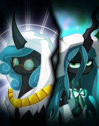 Size: 1500x1900 | Tagged: safe, artist:geraritydevillefort, queen chrysalis, reversalis, changeling, changeling queen, eyes closed, fate/extra, fate/grand order, female, kiara sessyoin, smiling