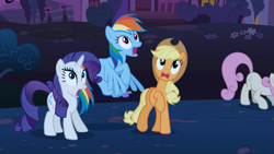 Size: 1365x768 | Tagged: safe, derpibooru import, screencap, applejack, rainbow dash, rarity, twinkleshine, earth pony, pegasus, pony, unicorn, boast busters