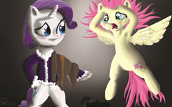 Size: 1440x900 | Tagged: safe, artist:blakstorm78, fluttershy, rarity, pegasus, pony, unicorn, bipedal, crying, fur