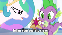 Size: 753x428 | Tagged: safe, princess celestia, spike, equestria girls, big crown thingy, caption, crown, image macro, tell me your secrets