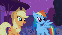 Size: 1365x768 | Tagged: safe, derpibooru import, screencap, applejack, carrot top, derpy hooves, golden harvest, rainbow dash, sea swirl, seafoam, earth pony, pegasus, pony, boast busters, female, mare