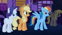 Size: 1365x768 | Tagged: safe, derpibooru import, screencap, applejack, derpy hooves, rainbow dash, rarity, earth pony, pegasus, pony, unicorn, boast busters, female, mare