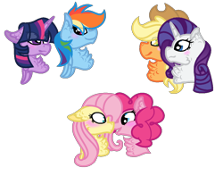 Size: 1064x840 | Tagged: safe, artist:tsintseh, derpibooru import, applejack, fluttershy, pinkie pie, rainbow dash, rarity, twilight sparkle, earth pony, pegasus, pony, unicorn, female, flutterpie, lesbian, rarijack, shipping, simple background, transparent background, twidash