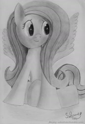 Size: 1280x1861 | Tagged: safe, artist:sergey-whooves, fluttershy, pegasus, pony, monochrome, pencil drawing, sitting, solo, traditional art