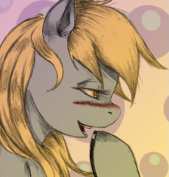 Size: 535x560 | Tagged: safe, artist:derp-my-life, derpy hooves, pegasus, pony, bedroom eyes, blushing, cutie mark, female, laughing, mare, mixed media, raised hoof, solo