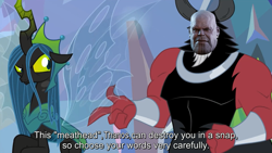 Size: 1920x1080 | Tagged: safe, edit, edited screencap, editor:sponandi, screencap, lord tirek, queen chrysalis, centaur, changeling, changeling queen, the ending of the end, avengers, caption, crossover, female, thanos, titan, ultimate chrysalis