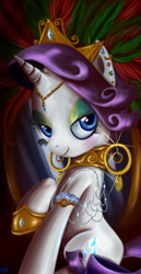 Size: 900x1740 | Tagged: safe, artist:kyle23emma, rarity, pony, unicorn, alternate hairstyle, bust, carnaval, fashion, full body, jewelry, lidded eyes, looking at you, makeup, portrait, raised hoof, solo, three quarter view, tiara