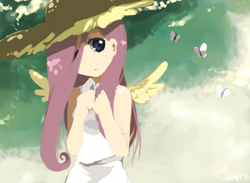 Size: 1366x1000 | Tagged: safe, artist:jiayi, fluttershy, butterfly, hat, humanized, solo, winged humanization