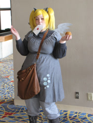 Size: 2736x3648 | Tagged: artist needed, safe, derpy hooves, human, bag, convention, cosplay, food, irl, irl human, letter, mail, momocon, momocon 2012, mouth hold, muffin, photo, solo