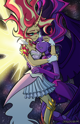 Size: 800x1236 | Tagged: safe, artist:dragonbeak, midnight sparkle, sci-twi, sunset shimmer, twilight sparkle, equestria girls, friendship games, clothes, comforting, crying, daydream shimmer, floating, hug, space, sun