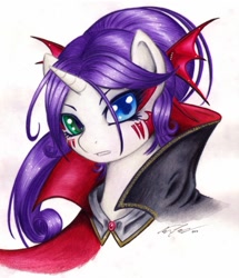 Size: 900x1045 | Tagged: safe, artist:lavosvsbahamut, rarity, pony, unicorn, alternate hairstyle, cape, clothes, heterochromia, solo, traditional art