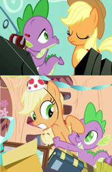 Size: 480x730 | Tagged: safe, edit, edited screencap, screencap, applejack, spike, dragon, earth pony, pony, a dog and pony show, secret of my excess, applespike, comic, female, hug, male, screencap comic, shipping, straight