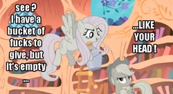 Size: 633x344 | Tagged: safe, screencap, applejack, fluttershy, earth pony, pegasus, pony, bucket, discorded, flutterbitch, image macro, insult, liarjack, look at all the fucks i give, no fucks, vulgar