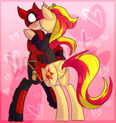 Size: 1479x1567 | Tagged: safe, artist:woogiegirl, sunset shimmer, pony, clothes, costume, crossover, crossover shipping, deadpool, jacket, kissing, ponified, shipping, wade wilson, watermark