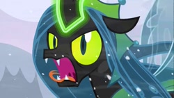 Size: 1280x720 | Tagged: safe, screencap, queen chrysalis, changeling, changeling queen, the ending of the end, furious, hissing, leak, magic, snow, solo, tongue out, ultimate chrysalis