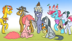Size: 1024x578 | Tagged: safe, artist:weasselk, carrot cake, cloudy quartz, cup cake, igneous rock pie, limestone pie, marble pie, pinkie pie, pound cake, pumpkin cake, earth pony, pony, carrot cup, family, female, male, pie family, pie sisters, quartzrock, shipping, sisters, straight