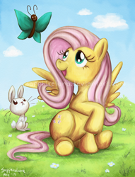 Size: 900x1181 | Tagged: safe, artist:sapphireluna, angel bunny, fluttershy, butterfly, pegasus, pony, female, mare