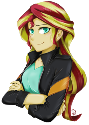 Size: 720x1015 | Tagged: safe, artist:aka-ryuga, sunset shimmer, equestria girls, clothes, crossed arms, cute, leather jacket, shimmerbetes, simple background, smirk, solo, transparent background